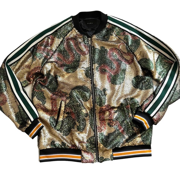 Zara Mens Camo Snake Sequins Bomber Jacket XL